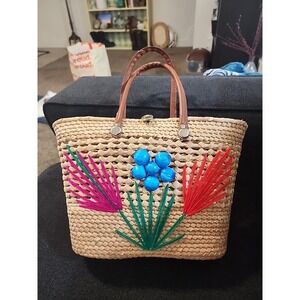 Unbranded Straw‎ Handbag, Purse, Tote, Summer, Picnic Fun Floral, Embroidered